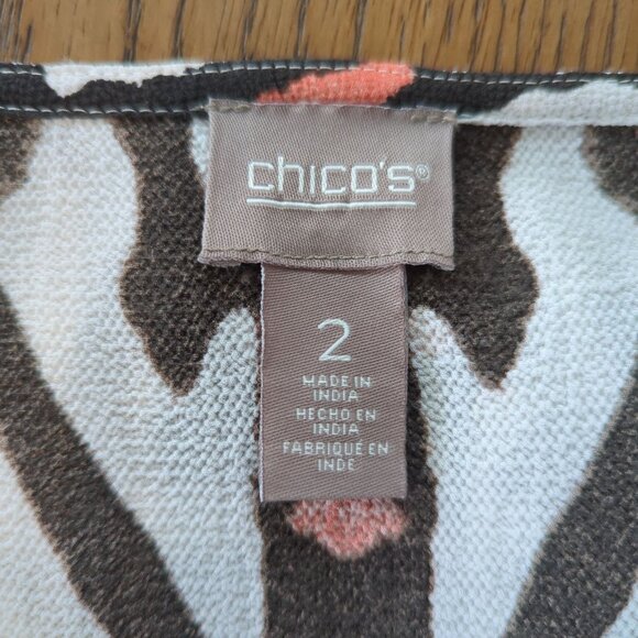 Chico's size‎ 2 / L brown coral geometric Tunic long sleeve tab sleeve V neck - Picture 9 of 16